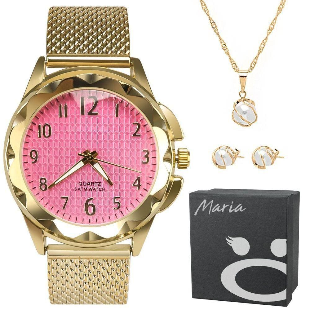 Colar + Pulseira + Relogio Feminino Aço Banhado Prova Dagua Presente Fundo Rosa Moda