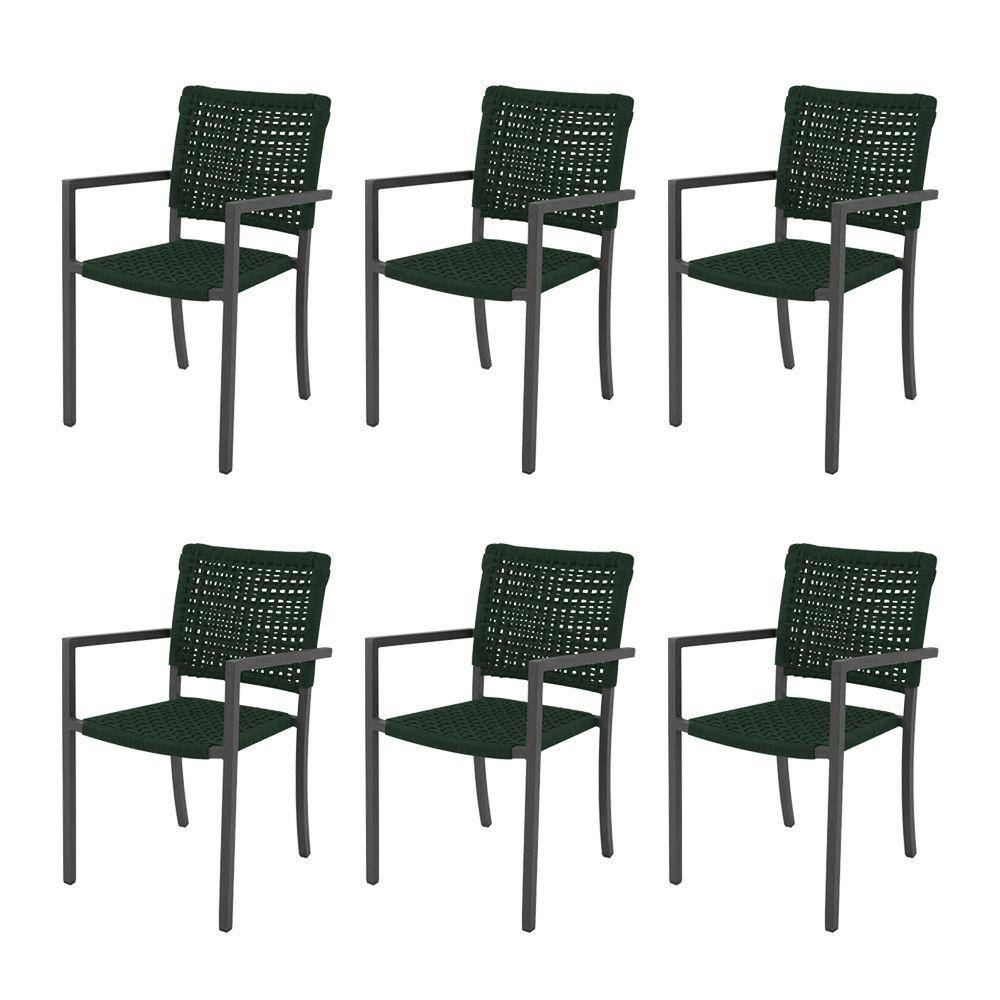 Kit 6 Cadeiras Marília Corda Náutica Base em Alumínio Preto/verde Musgo