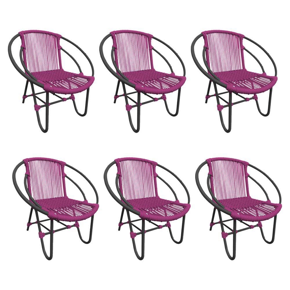 Kit 6 Cadeiras Decorativa Julia em Corda Náutica e Base em Alumínio Preta/ Rosa
