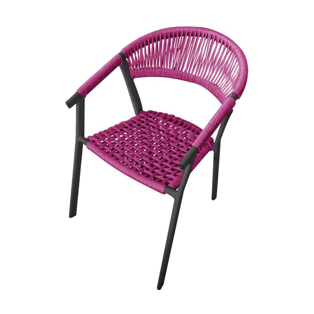 Cadeira Decorativa Joana em Corda Náutica e Base em Alumínio Preta/ Rosa