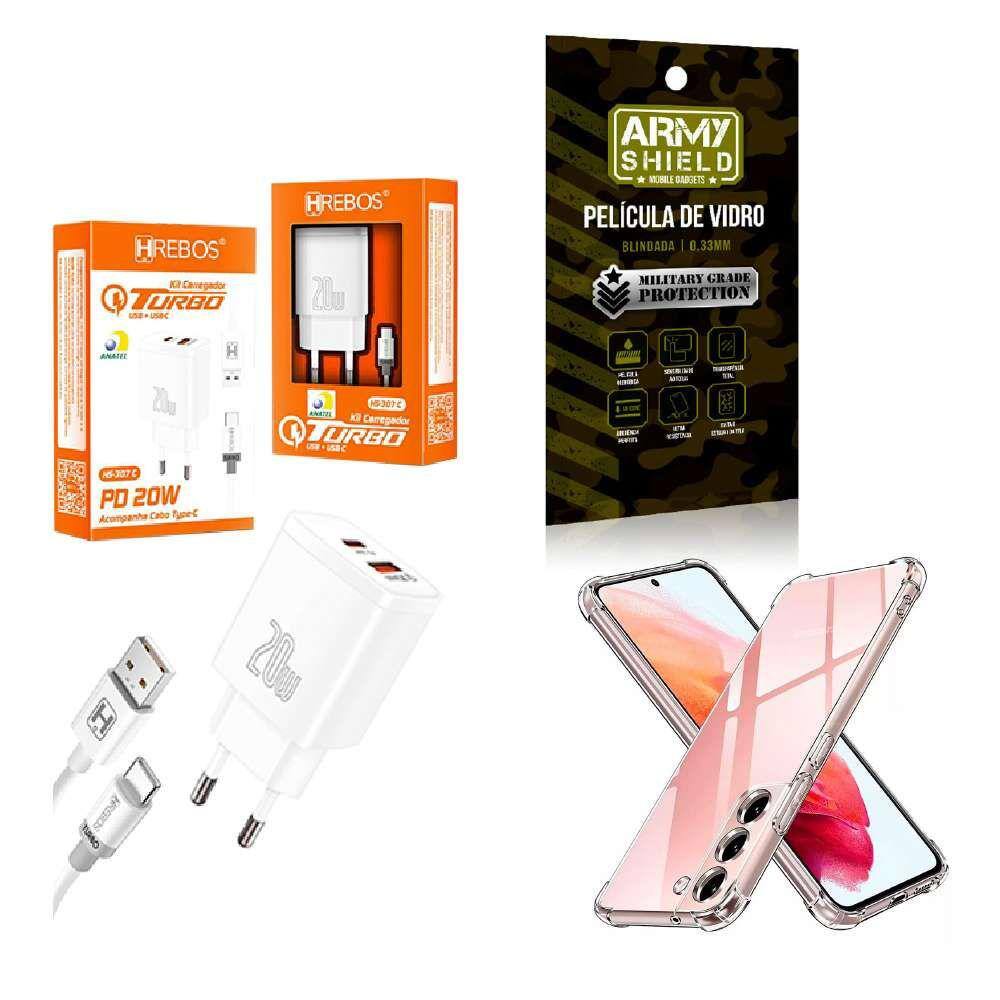 Kit Carregador Turbo 20W + Capinha Samsung S23 Plus + Película de Vidro 3D