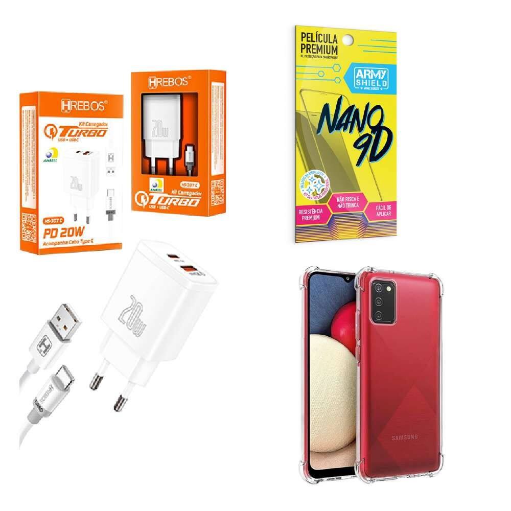 Kit Carregador Turbo 20W + Capinha Samsung A03 S + Película de Cerâmica 9D