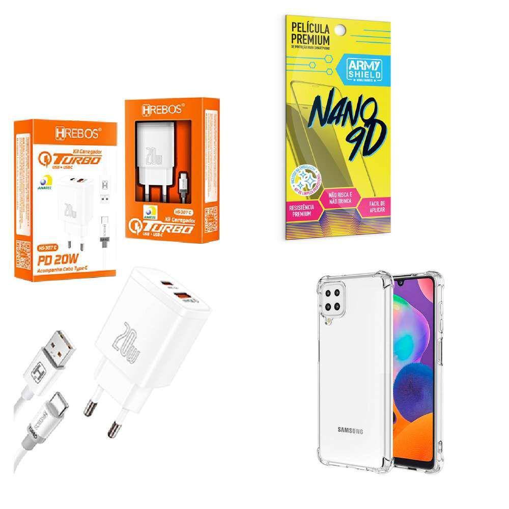 Kit Carregador Turbo 20W + Capinha Samsung A12 + Película de Cerâmica 9D