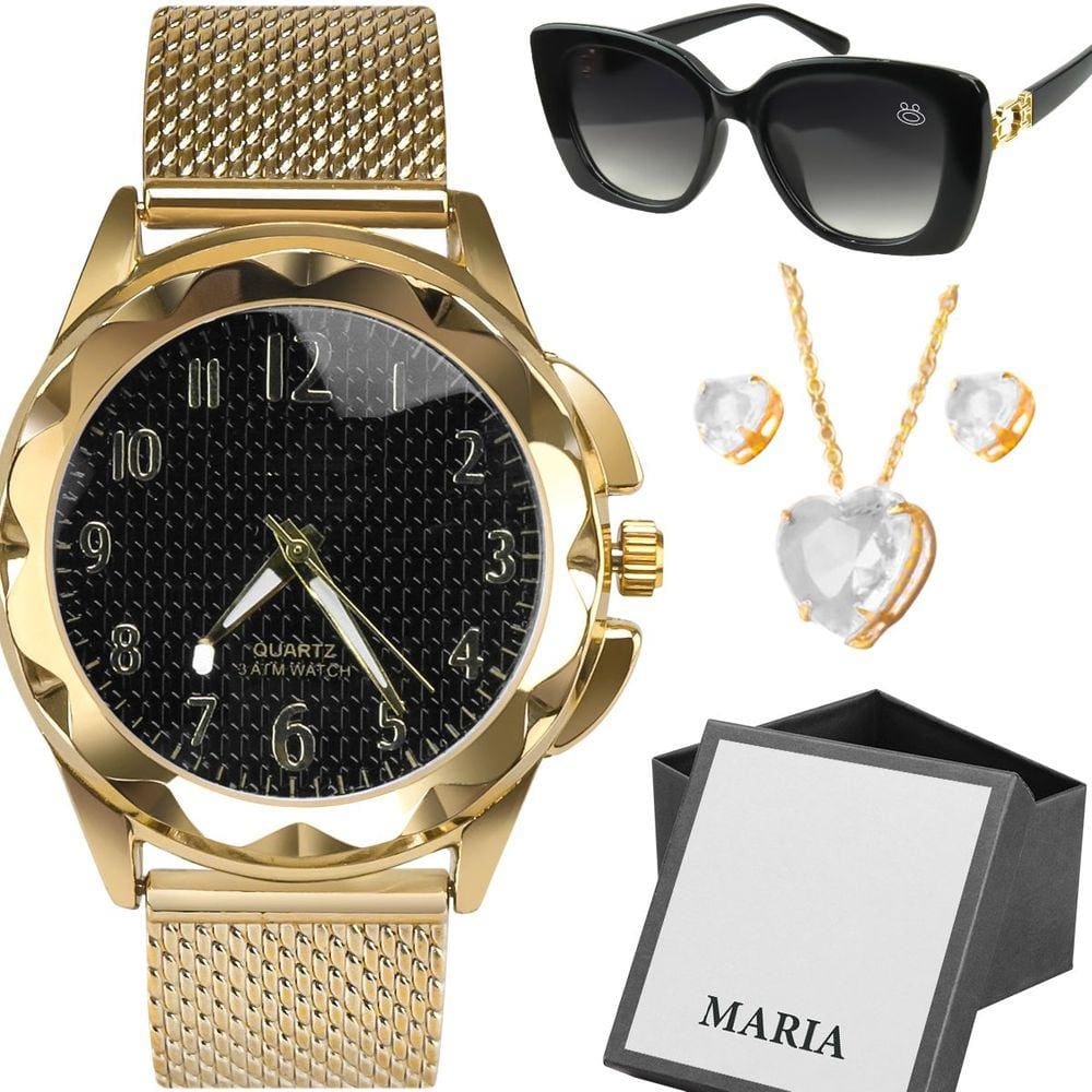 Relogio feminino banhado + sol proteção uv oculos resistente qualidade premium fundo preto presente