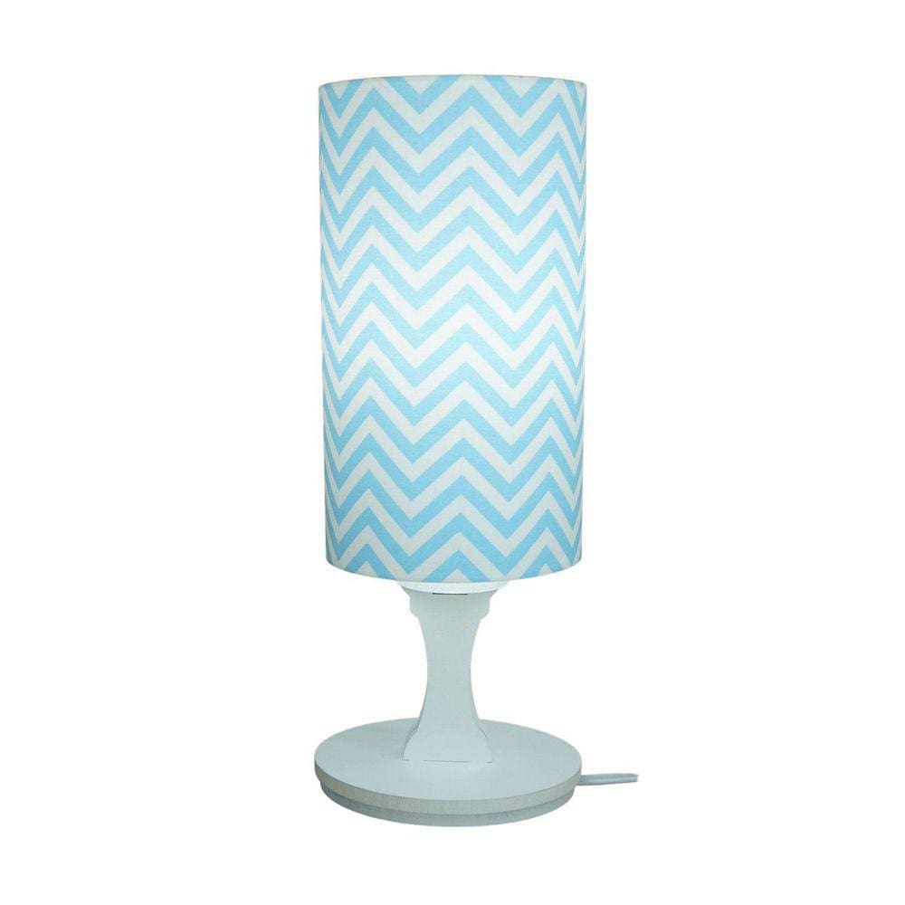 Abajur Mesa Base Branca E Cúpula Tecido Chevron Azul Branco