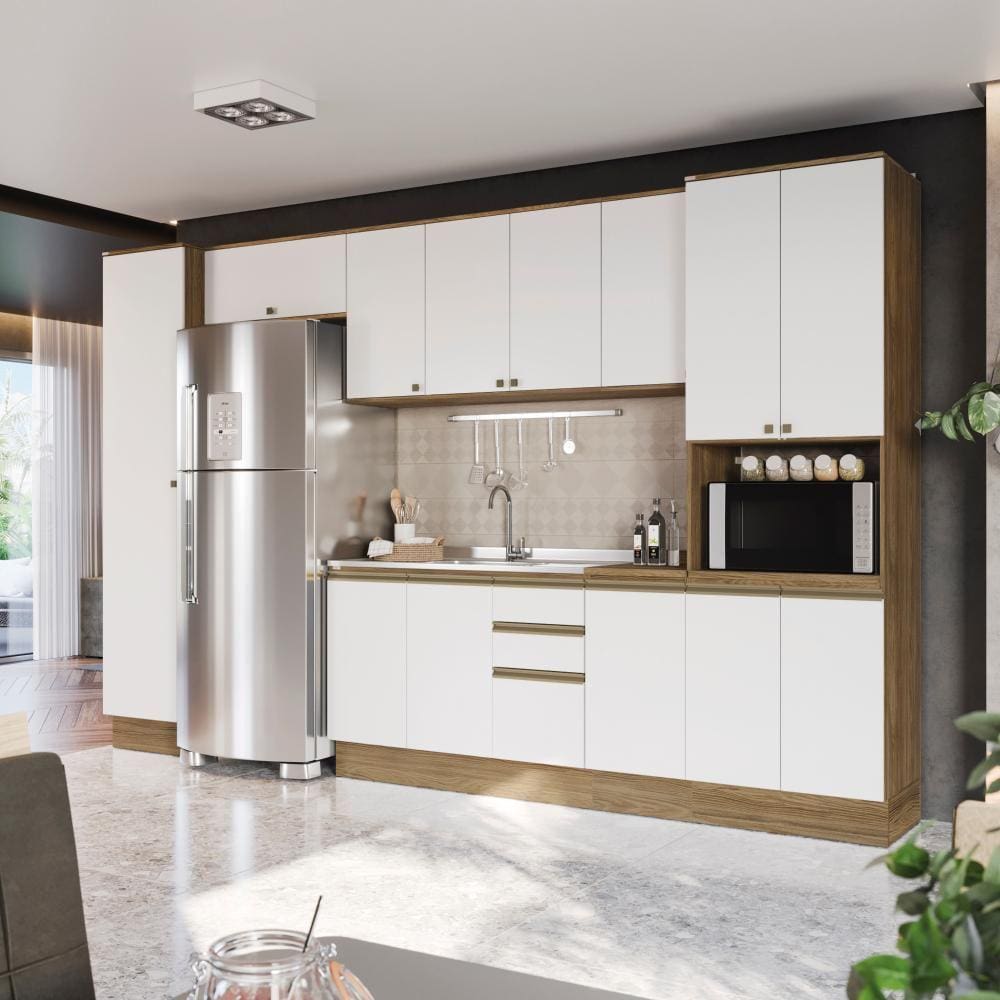 Cozinha Modulada Celeste Kappesberg 100% MDF Nogueira/Branco 360cm