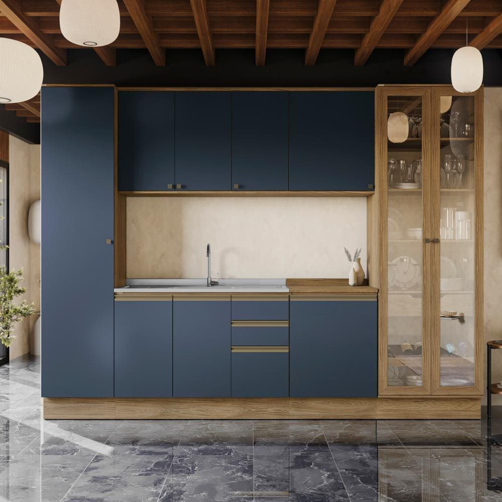 Cozinha Modulada Celeste Kappesberg 100% MDF Nogueira/Azul 300cm