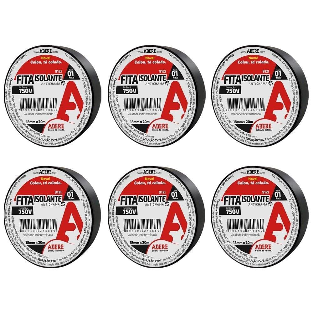 Fita Isolante Adere 912I 18mmX20m Preto - Embalagem com 6 Unidades