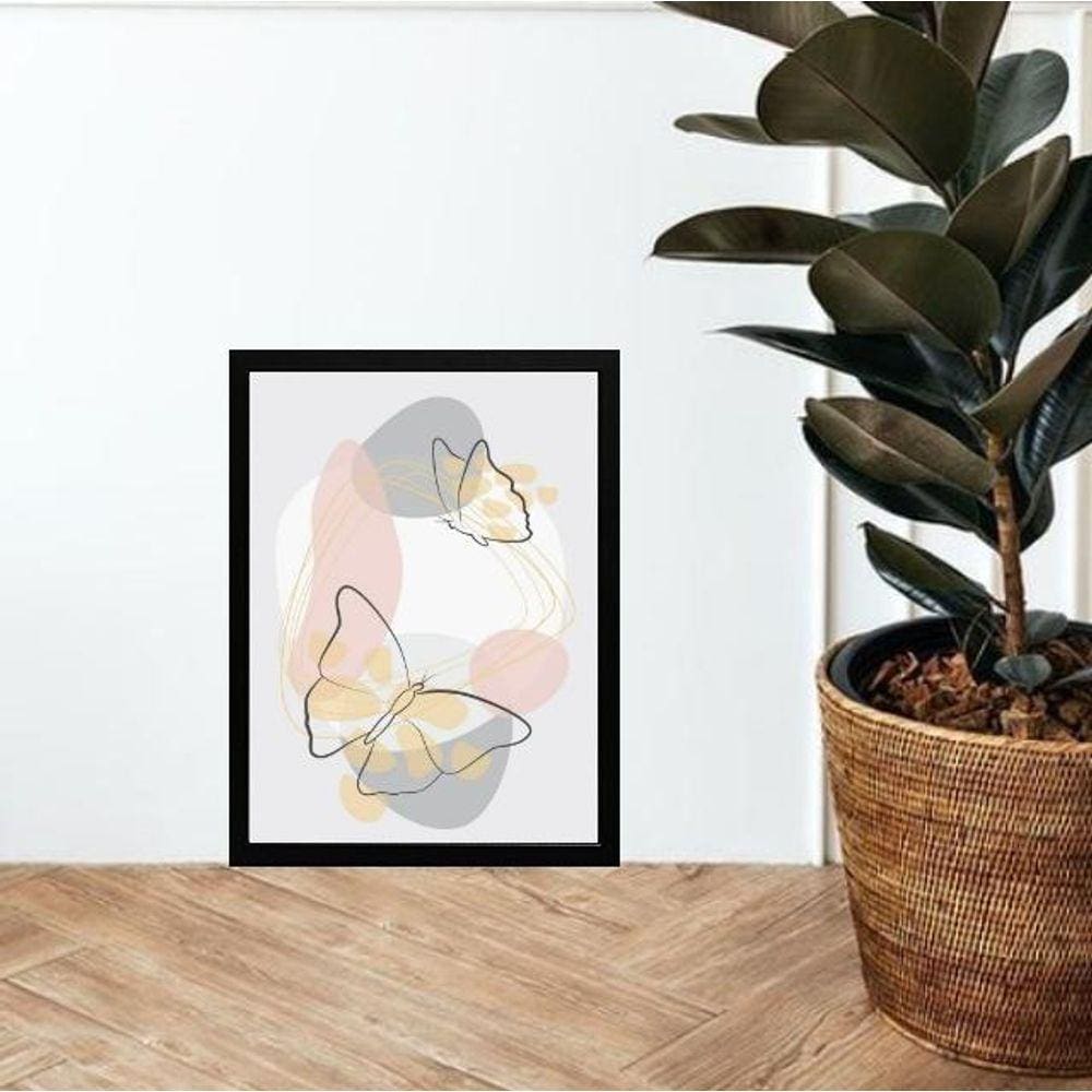 Quadro Abstrato Borboletas Rosa E Cinza 45X34Cm