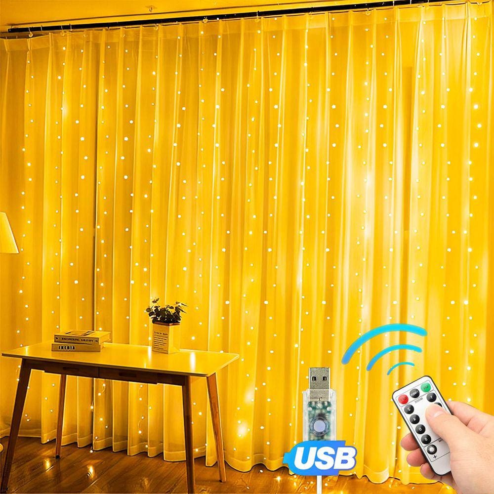 Luzes de cortina Eueasy 300 LED Warm White 3m x 3m, pacote com 2