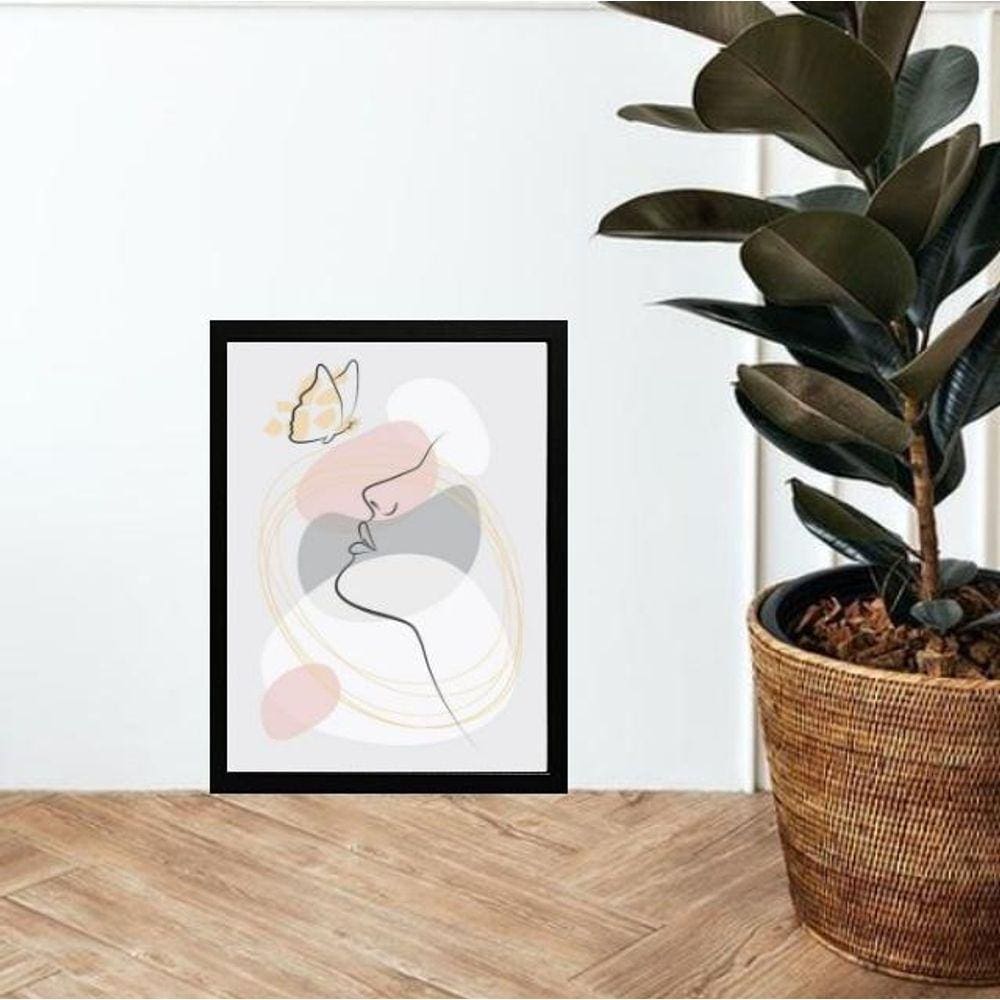 Quadro Abstrato Mulher Borboletas Rosa E Cinza 45X34Cm