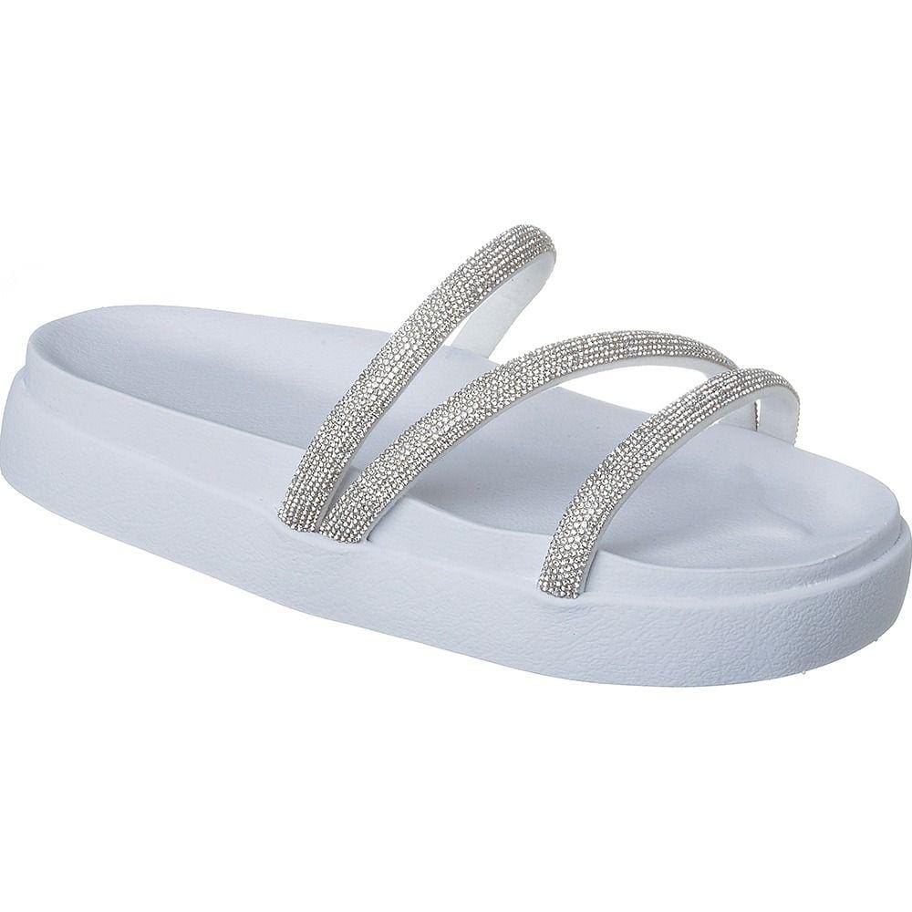 Papete Birken Sandália 3 Tiras de Brilho Strass Chinelo Feminino Moda Tendência Blogueiras.