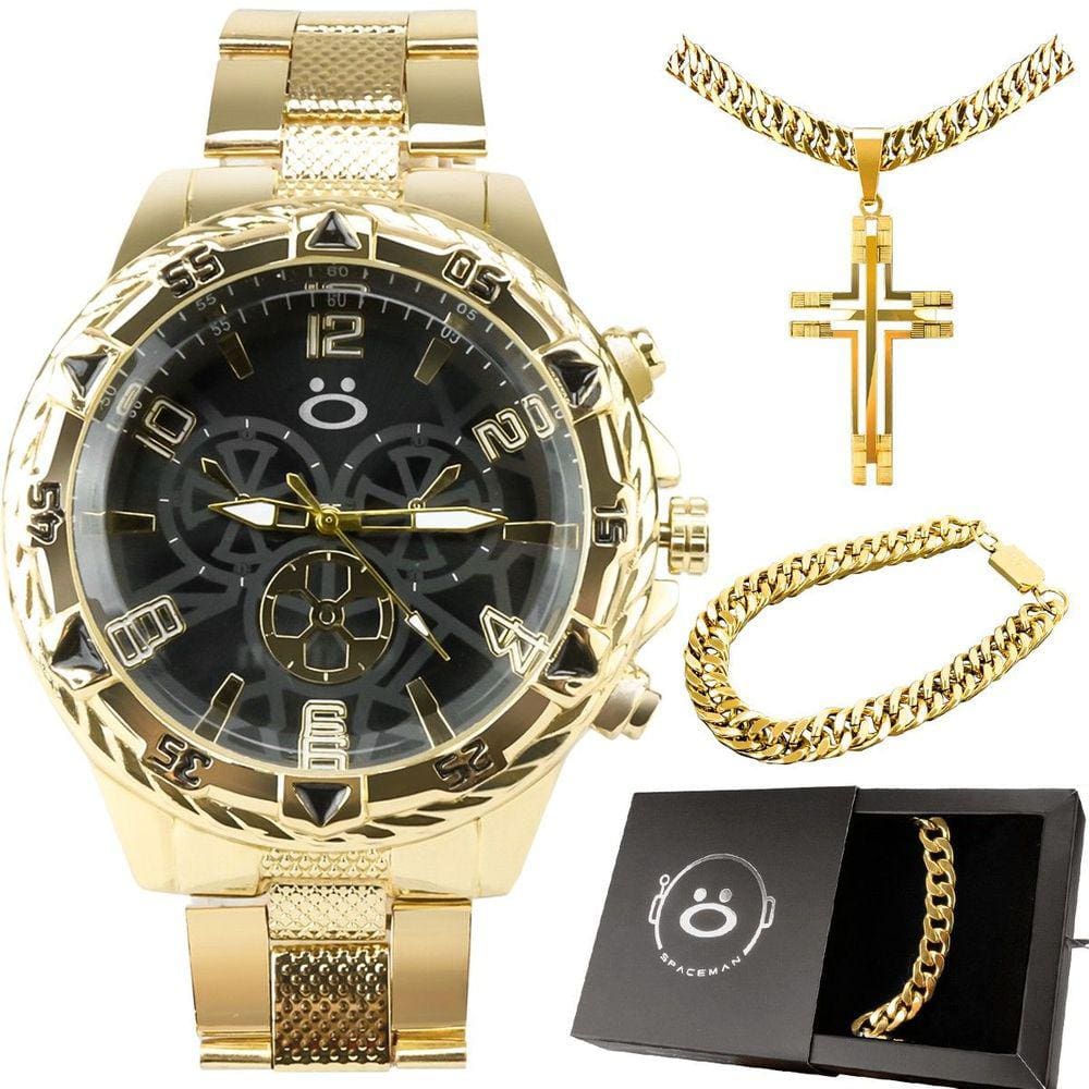 Relogio masculino banhado aço + caixa + pulseira casual social analogico orizom grande preto
