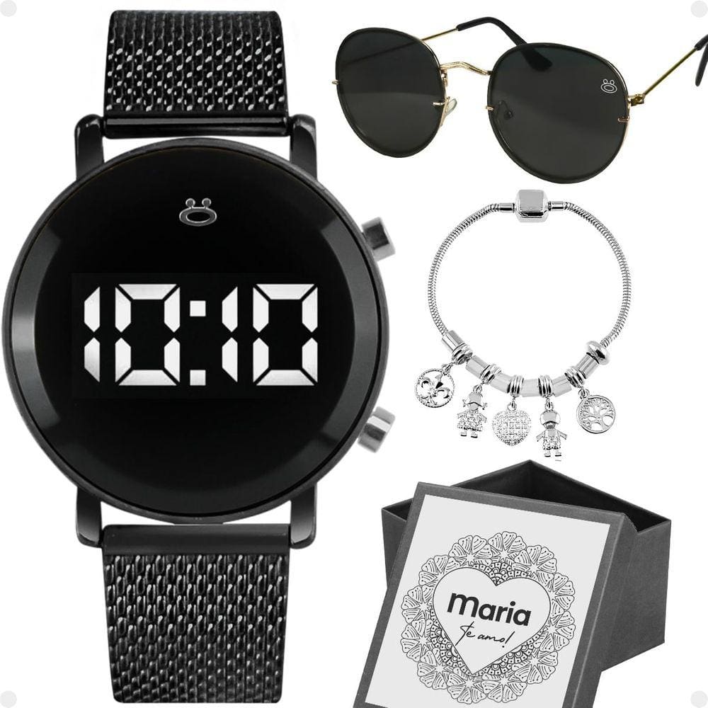 Relogio feminino aço digital + oculos sol silicone moda LED