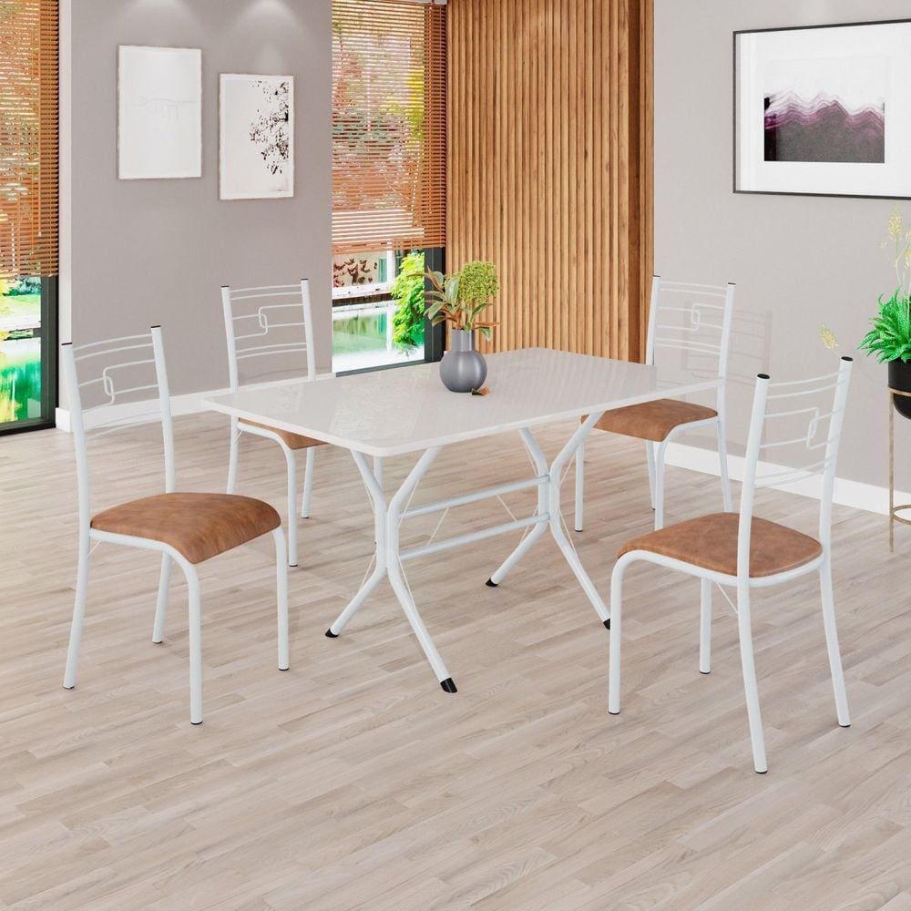 Conjunto Sala de Jantar Mesa Retangular 120x75cm Tampo Madeira Mdp Off White 4 Cadeiras Paraty C. Marrom / Branco
