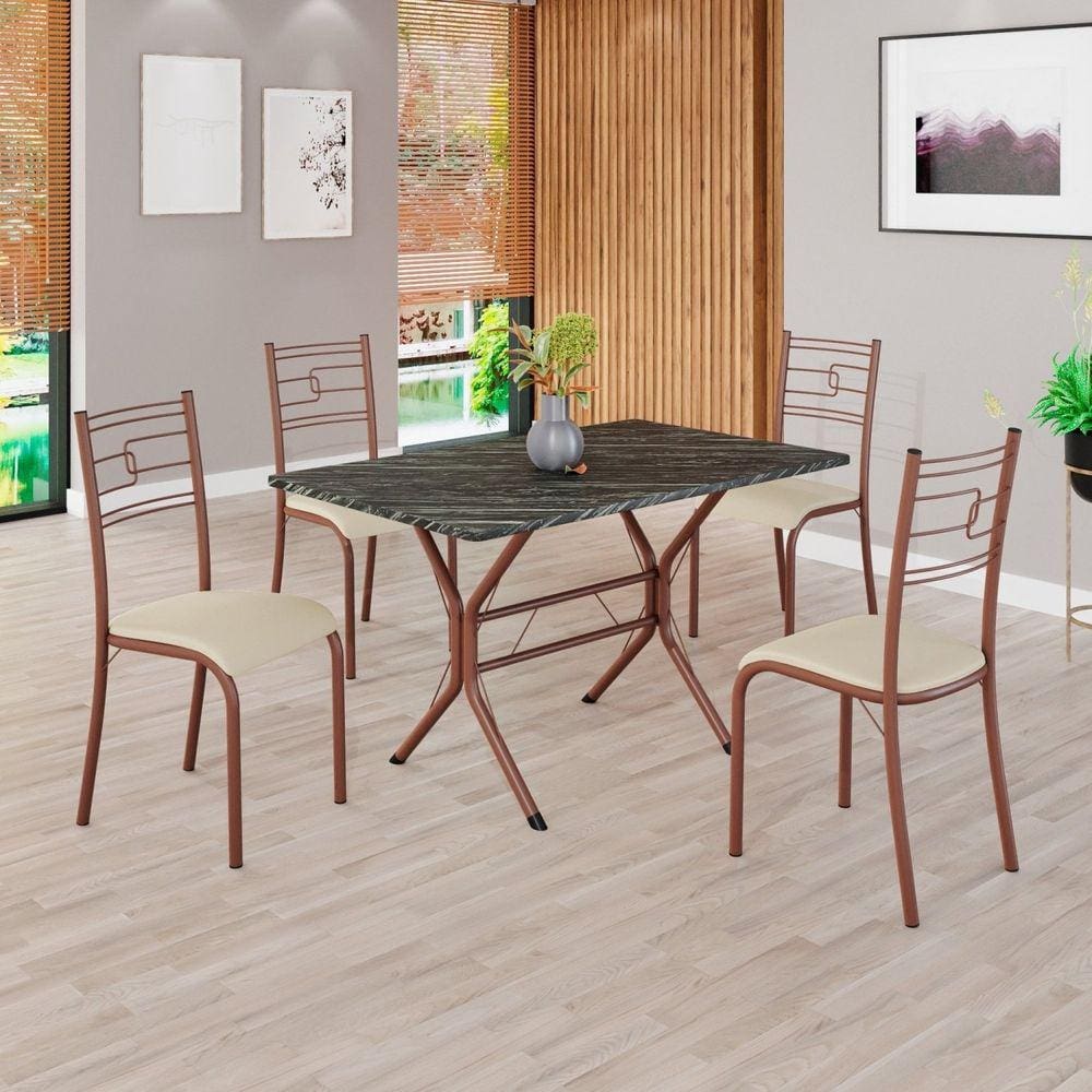 Conjunto Sala de Jantar Mesa Retangular 100x60cm Tampo Pedra Ardósia Indiana 4 Cadeiras Paraty Creme / Marrom