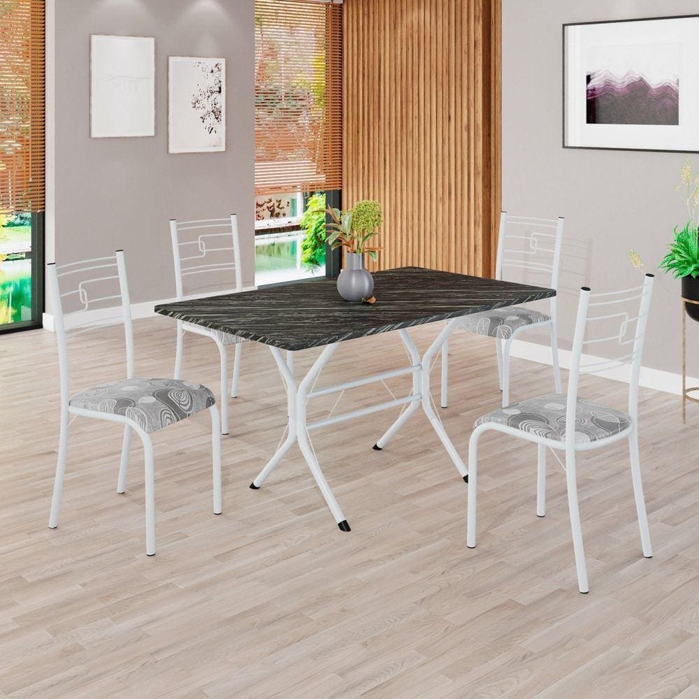 Conjunto Sala de Jantar Mesa Retangular 120x75cm Tampo Pedra Ardósia Indiana 4 Cadeiras Paraty Paraopeba / Branco
