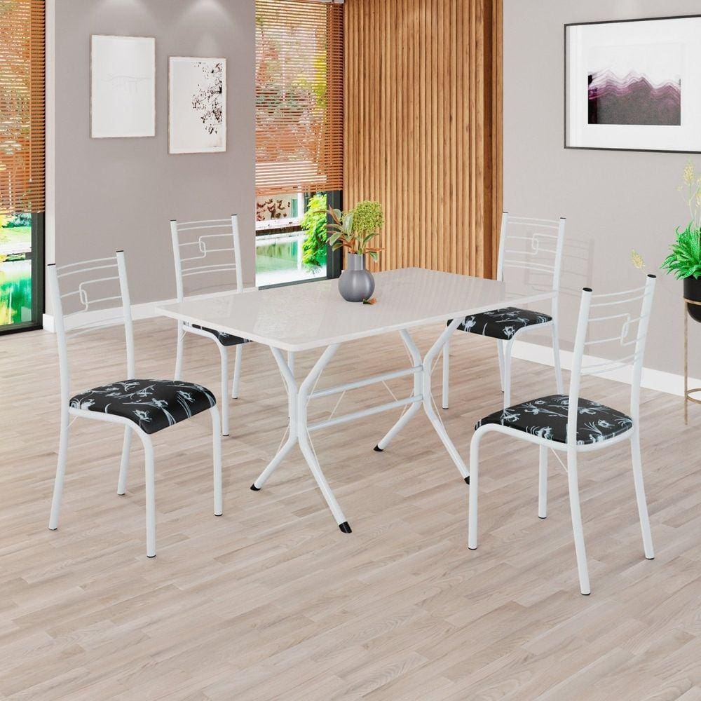 Conjunto Sala de Jantar Mesa Retangular 120x75cm Tampo Madeira Mdp Off White 4 Cadeiras Paraty Preto Floral / Branco