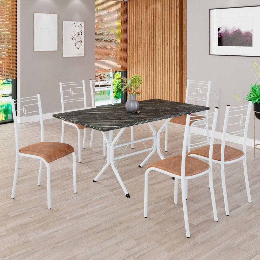 Conjunto Sala de Jantar Mesa Retangular 140x75cm Tampo Pedra Ardósia Indiana 6 Cadeiras Paraty C. Marrom / Branco