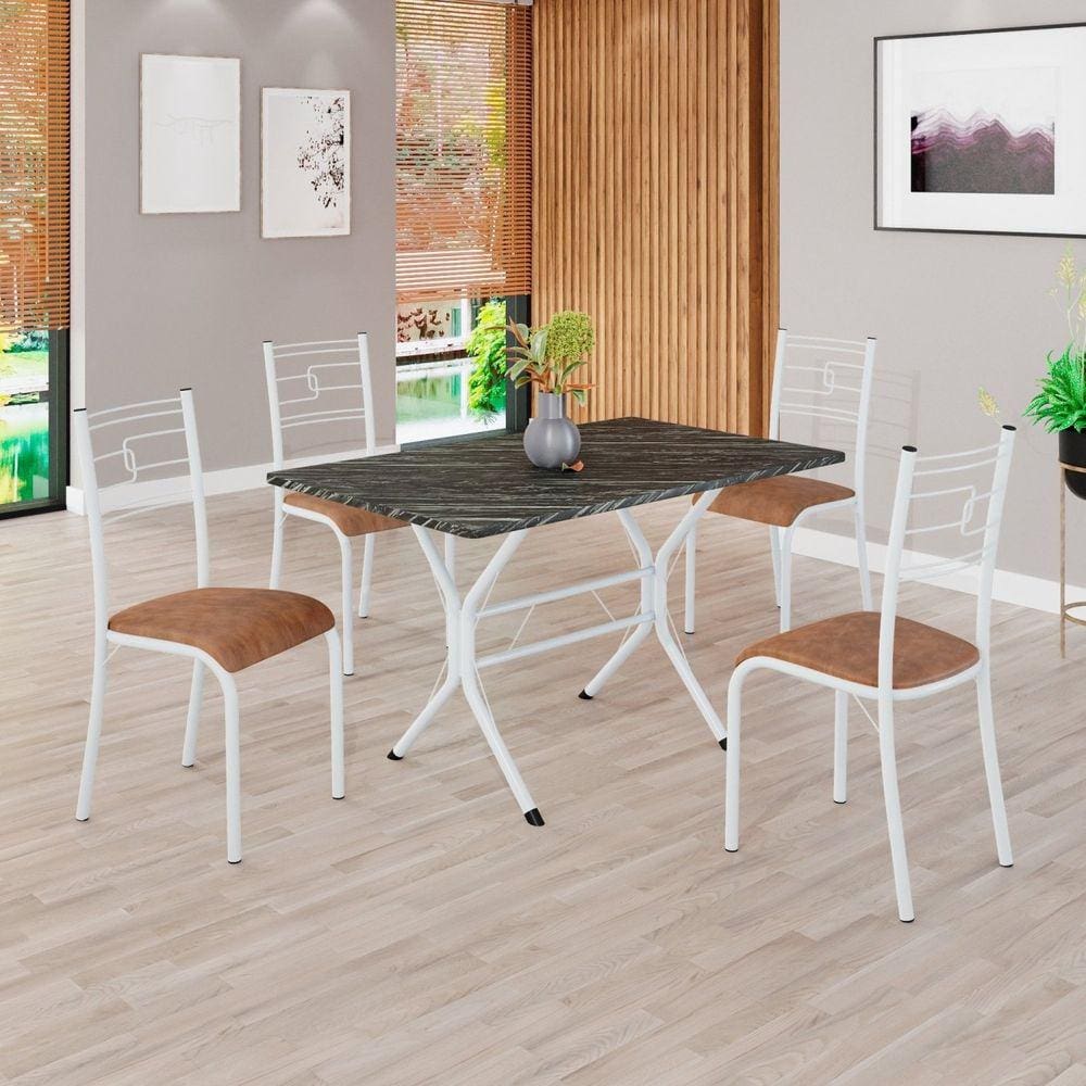 Conjunto Sala de Jantar Mesa Retangular 100x60cm Tampo Pedra Ardósia Indiana 4 Cadeiras Paraty C. Marrom / Branco