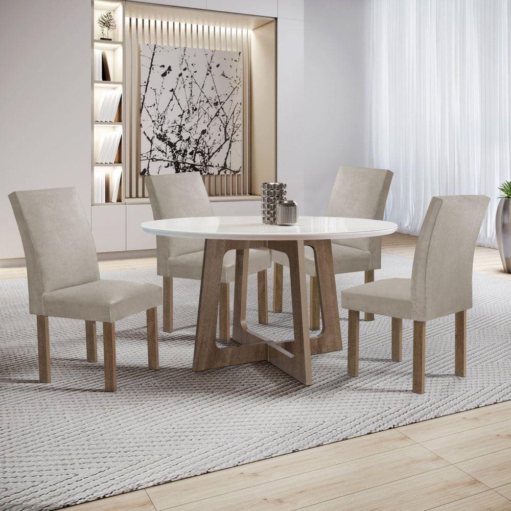Conjunto Mesa Arizona 120cm com 4 Cadeiras Canela Tampo Redondo Plus com Vidro Chocolate/Off White/Bege Claro