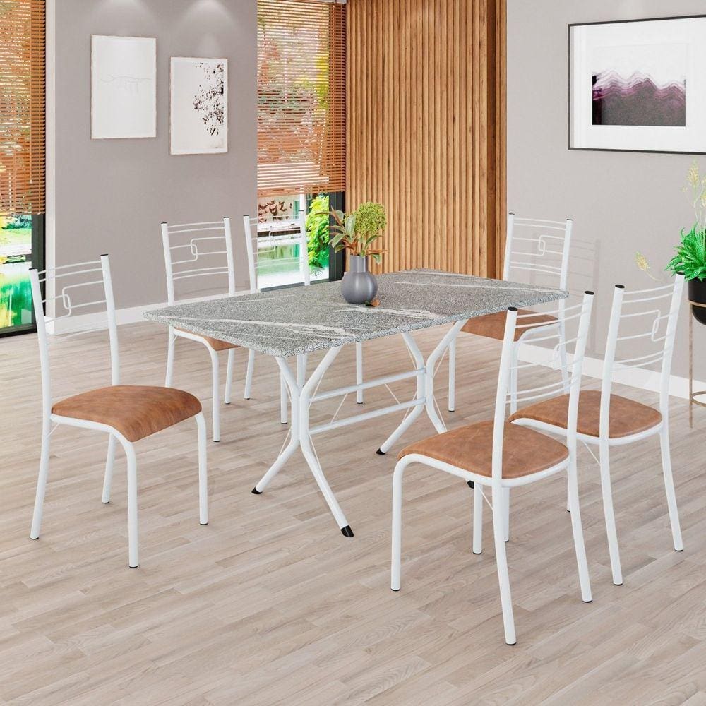 Conjunto Sala de Jantar Mesa Retangular 140x75cm Tampo Granito Topázio 6 Cadeiras Paraty C. Marrom / Branco