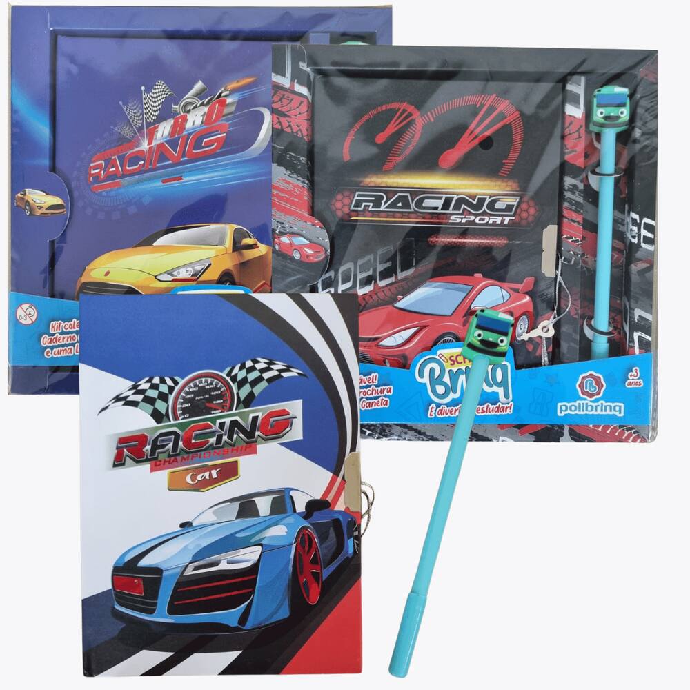 Kit Escolar Racing Car Com Cadeado e Lápis Com Acessório