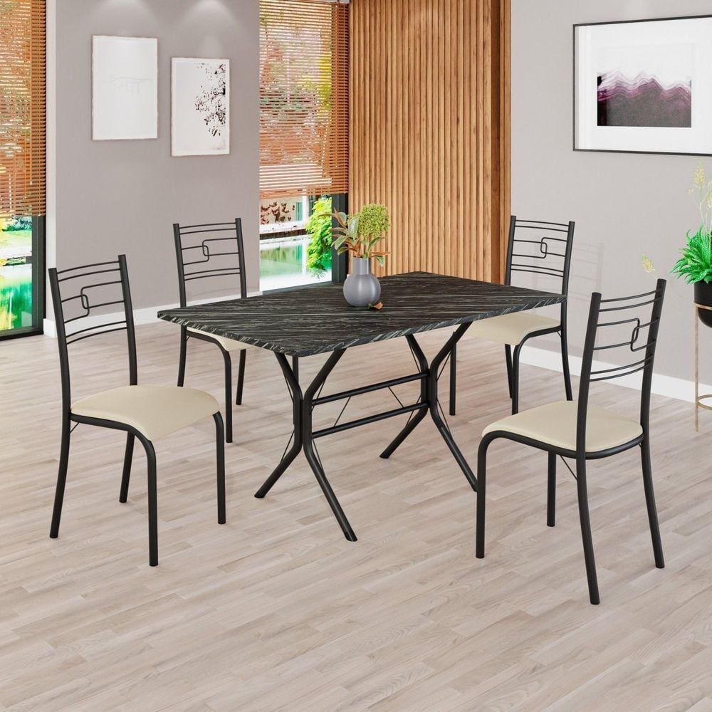 Conjunto Sala de Jantar Mesa Retangular 120x75cm Tampo Pedra Ardósia Indiana 4 Cadeiras Paraty Creme / Preto Fosco