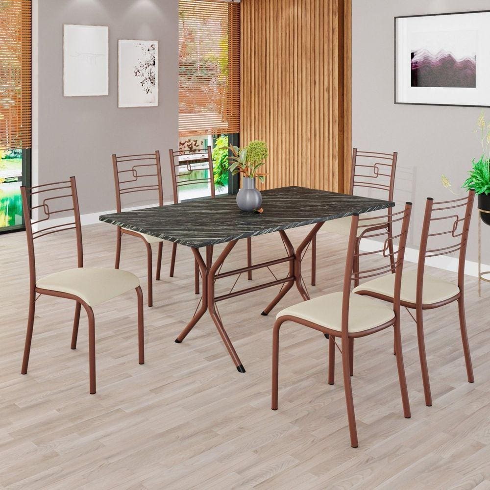 Conjunto Sala de Jantar Mesa Retangular 140x75cm Tampo Pedra Ardósia Indiana 6 Cadeiras Paraty Creme / Marrom