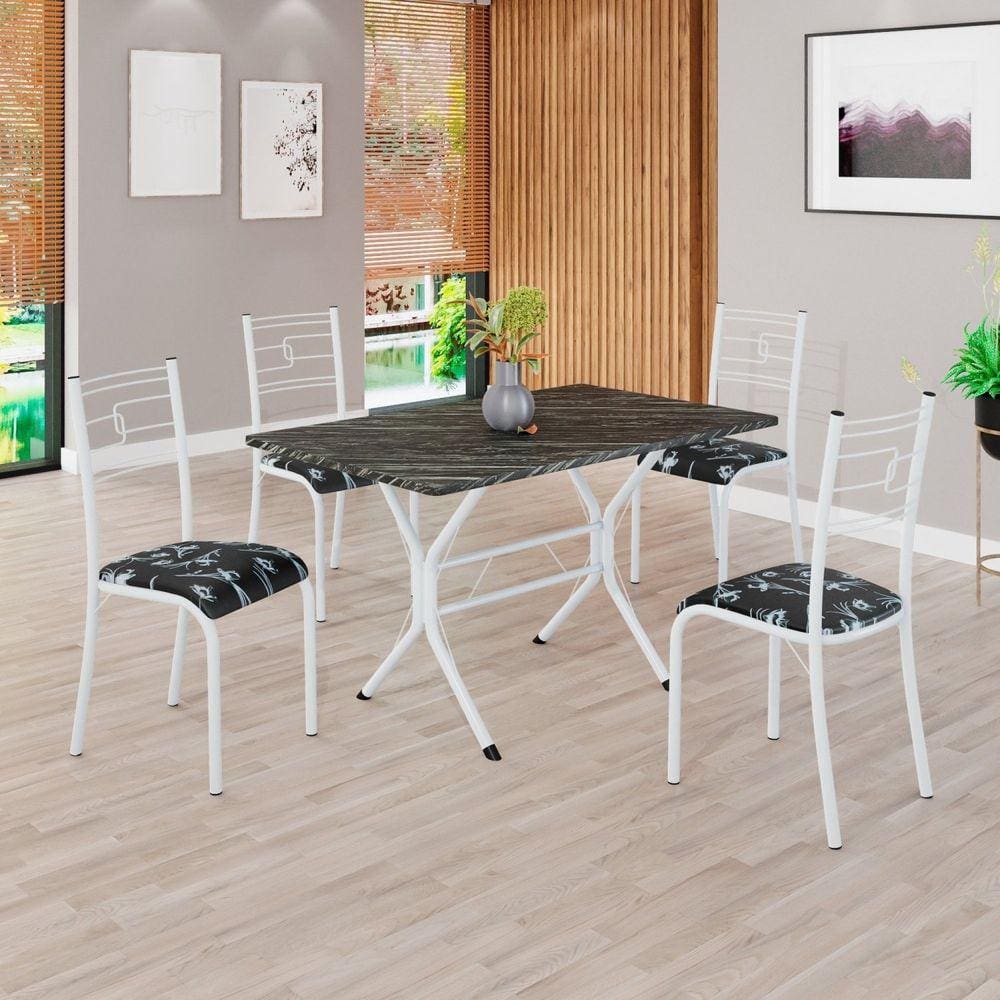 Conjunto Sala de Jantar Mesa Retangular 100x60cm Tampo Pedra Ardósia Indiana 4 Cadeiras Paraty Preto Floral / Branco