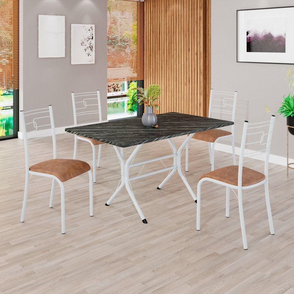 Conjunto Sala de Jantar Mesa Retangular 120x75cm Tampo Pedra Ardósia Indiana 4 Cadeiras Paraty C. Marrom / Branco