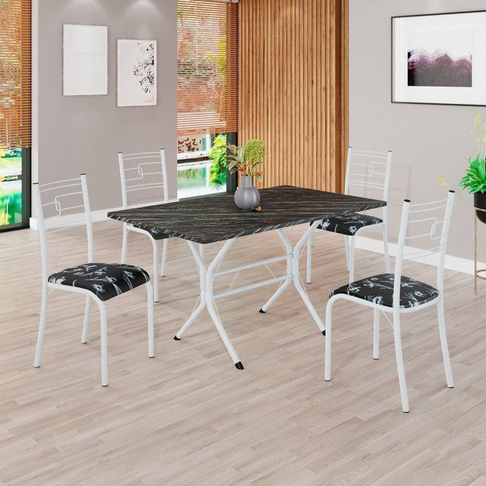 Conjunto Sala de Jantar Mesa Retangular 120x75cm Tampo Pedra Ardósia Indiana 4 Cadeiras Paraty Preto Floral / Branco
