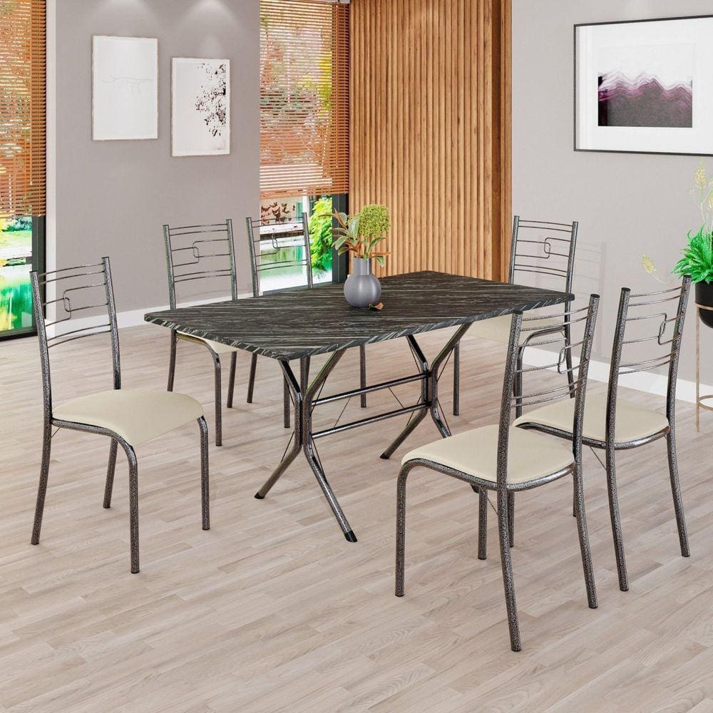 Conjunto Sala de Jantar Mesa Retangular 140x75cm Tampo Pedra Ardósia Indiana 6 Cadeiras Paraty Creme / Mart Prata