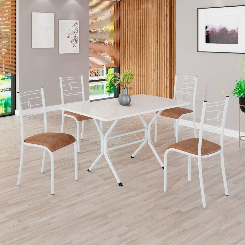 Conjunto Sala de Jantar Mesa Retangular 100x60cm Tampo Madeira Mdp 4 Cadeiras Paraty C. Marrom / Branco