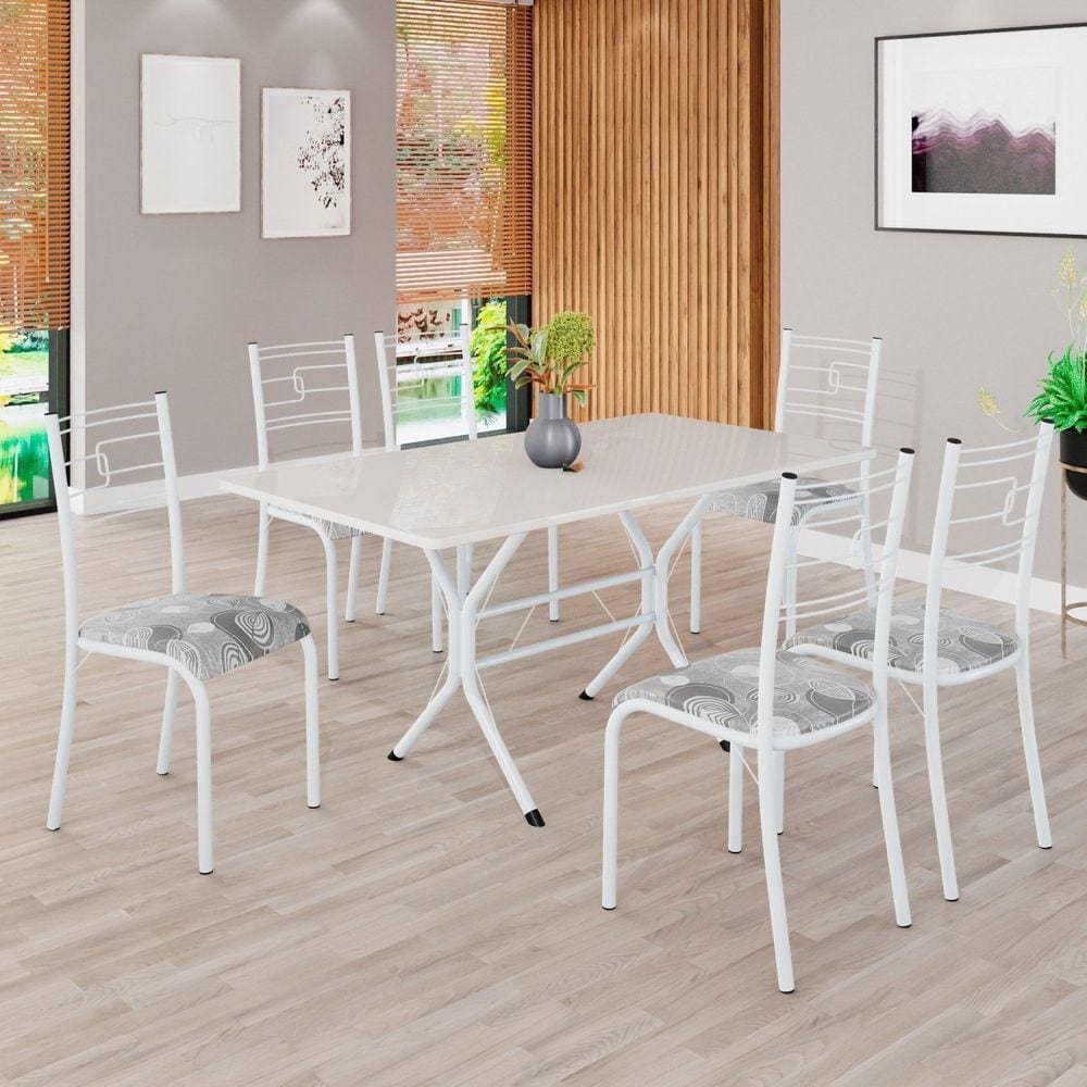 Conjunto Sala de Jantar Mesa Retangular 140x75cm Tampo Madeira Mdp Off White 6 Cadeiras Paraty Paraopeba / Branco
