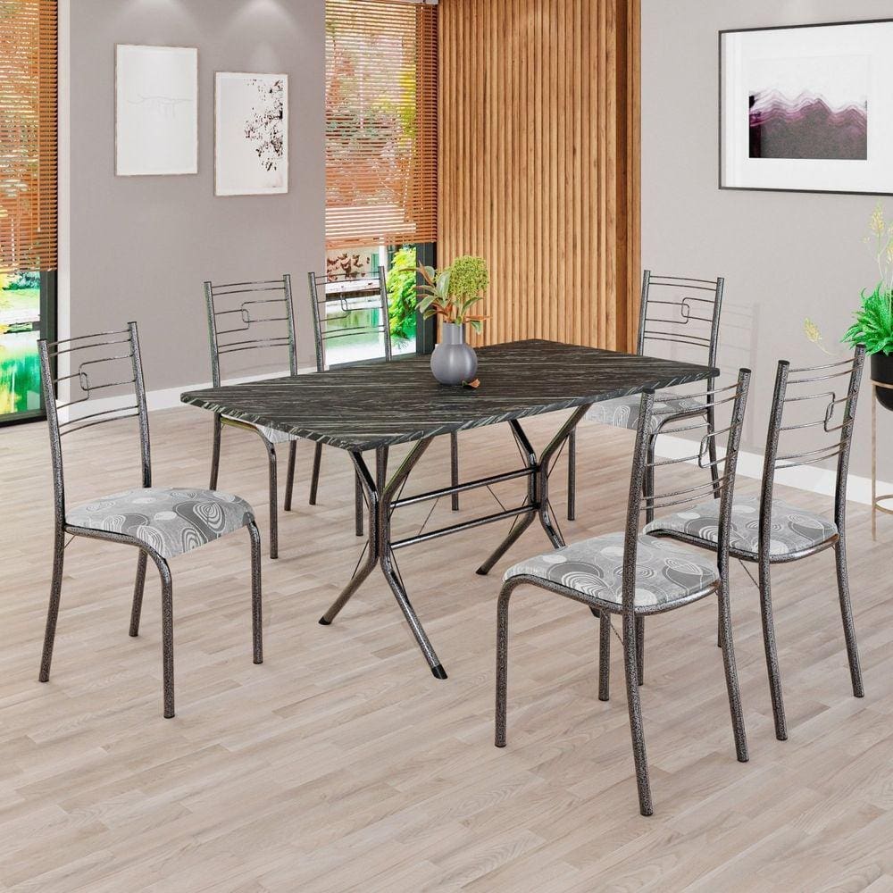 Conjunto Sala de Jantar Mesa Retangular 140x75cm Tampo Pedra Ardósia Indiana 6 Cadeiras Paraty Paraopeba / Mart Prata