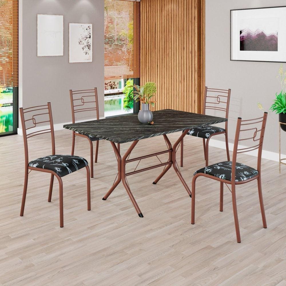 Conjunto Sala de Jantar Mesa Retangular 120x75cm Tampo Pedra Ardósia Indiana 4 Cadeiras Paraty Preto Floral / Marrom