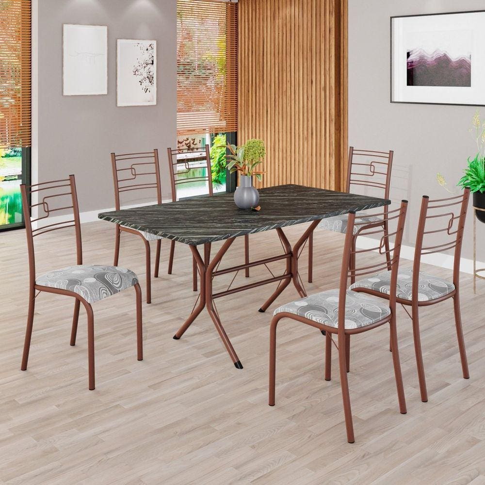 Conjunto Sala de Jantar Mesa Retangular 140x75cm Tampo Pedra Ardósia Indiana 6 Cadeiras Paraty Paraopeba / Marrom