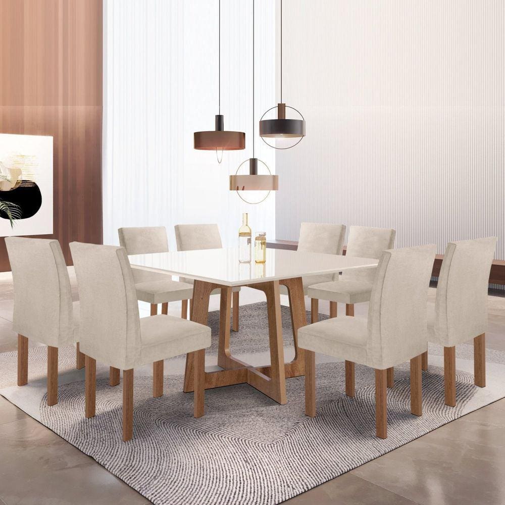 Conjunto Mesa Arizona 135cm com 8 Cadeiras Canela Tampo Slim Plus com Vidro Chocolate/Off White/Bege