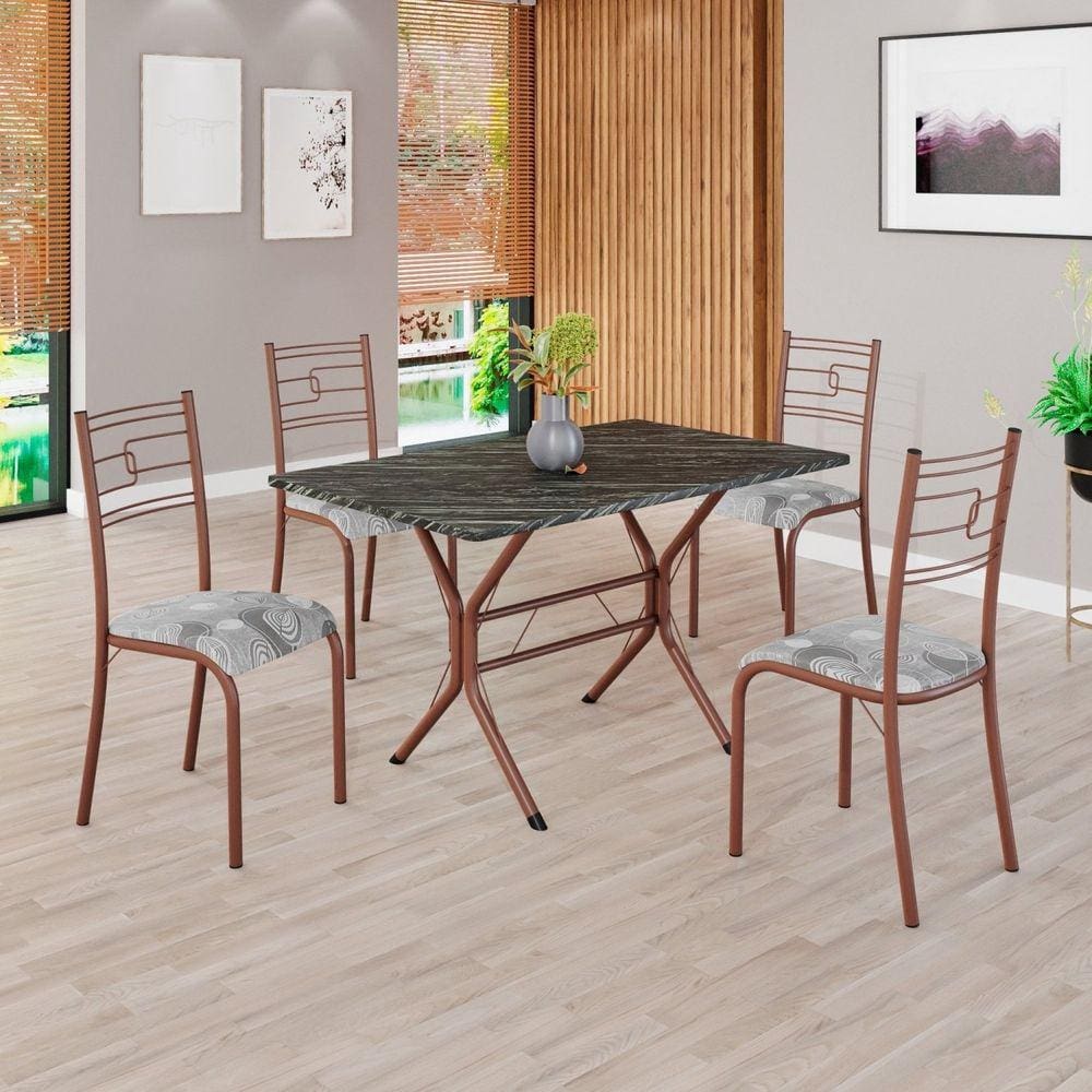Conjunto Sala de Jantar Mesa Retangular 100x60cm Tampo Pedra Ardósia Indiana 4 Cadeiras Paraty Paraopeba / Marrom