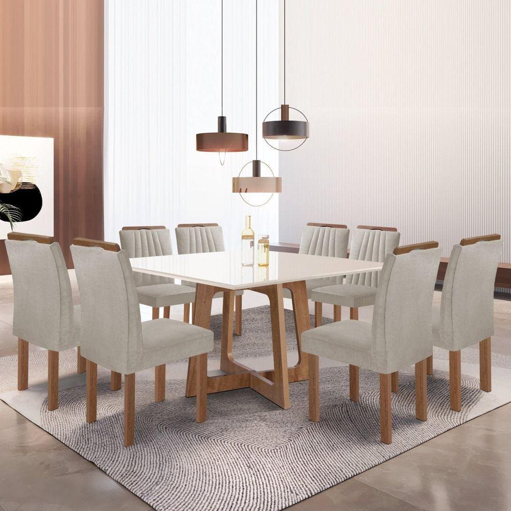 Conjunto Mesa Arizona 135cm com 8 Cadeiras Arizona Tampo Slim Plus com Vidro Chocolate/Off White/Veludo Bege Claro