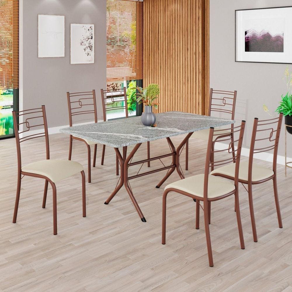 Conjunto Sala de Jantar Mesa Retangular 140x75cm Tampo Granito Topázio 6 Cadeiras Paraty Creme / Marrom