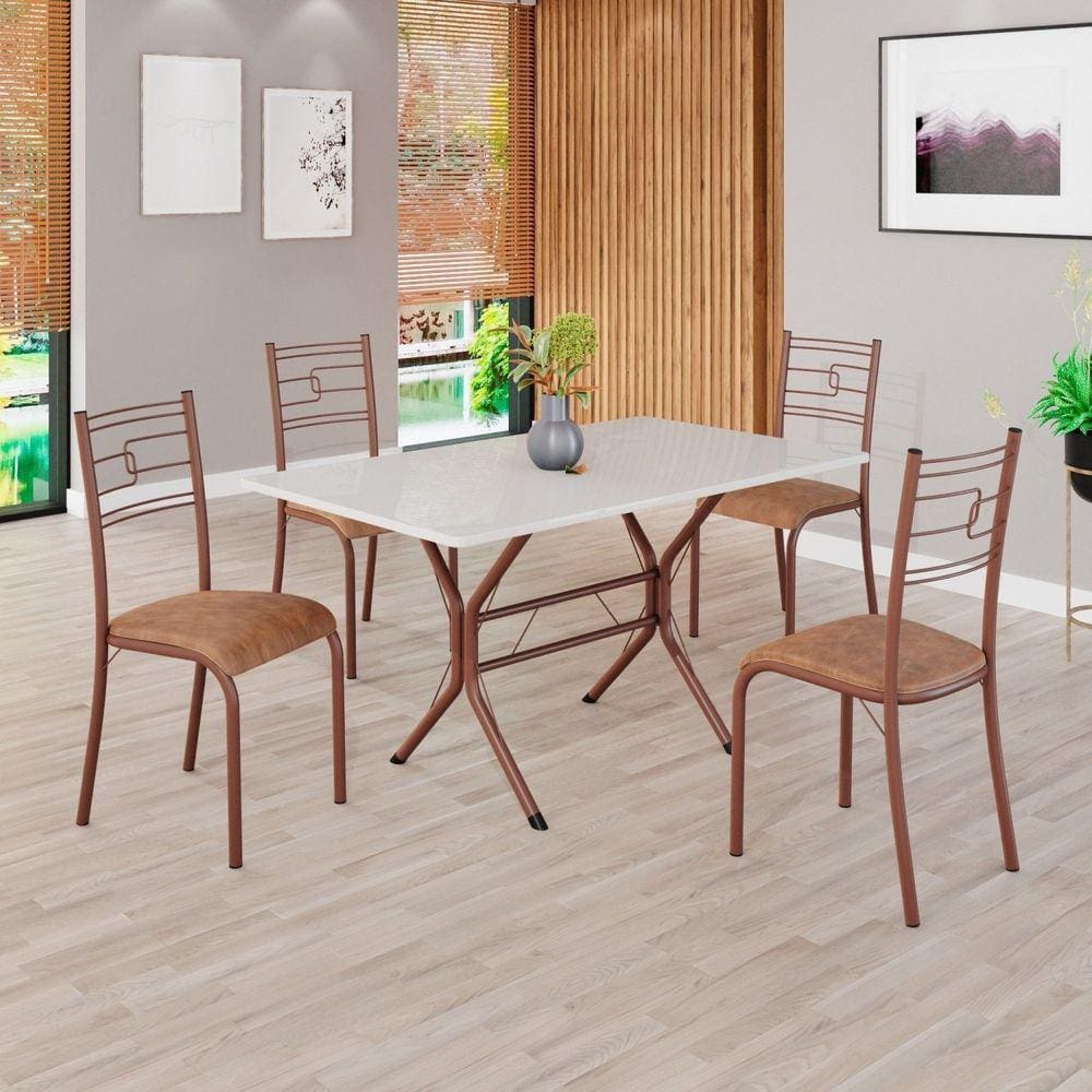 Conjunto Sala de Jantar Mesa Retangular 120x75cm Tampo Madeira Mdp Off White 4 Cadeiras Paraty C. Marrom / Marrom
