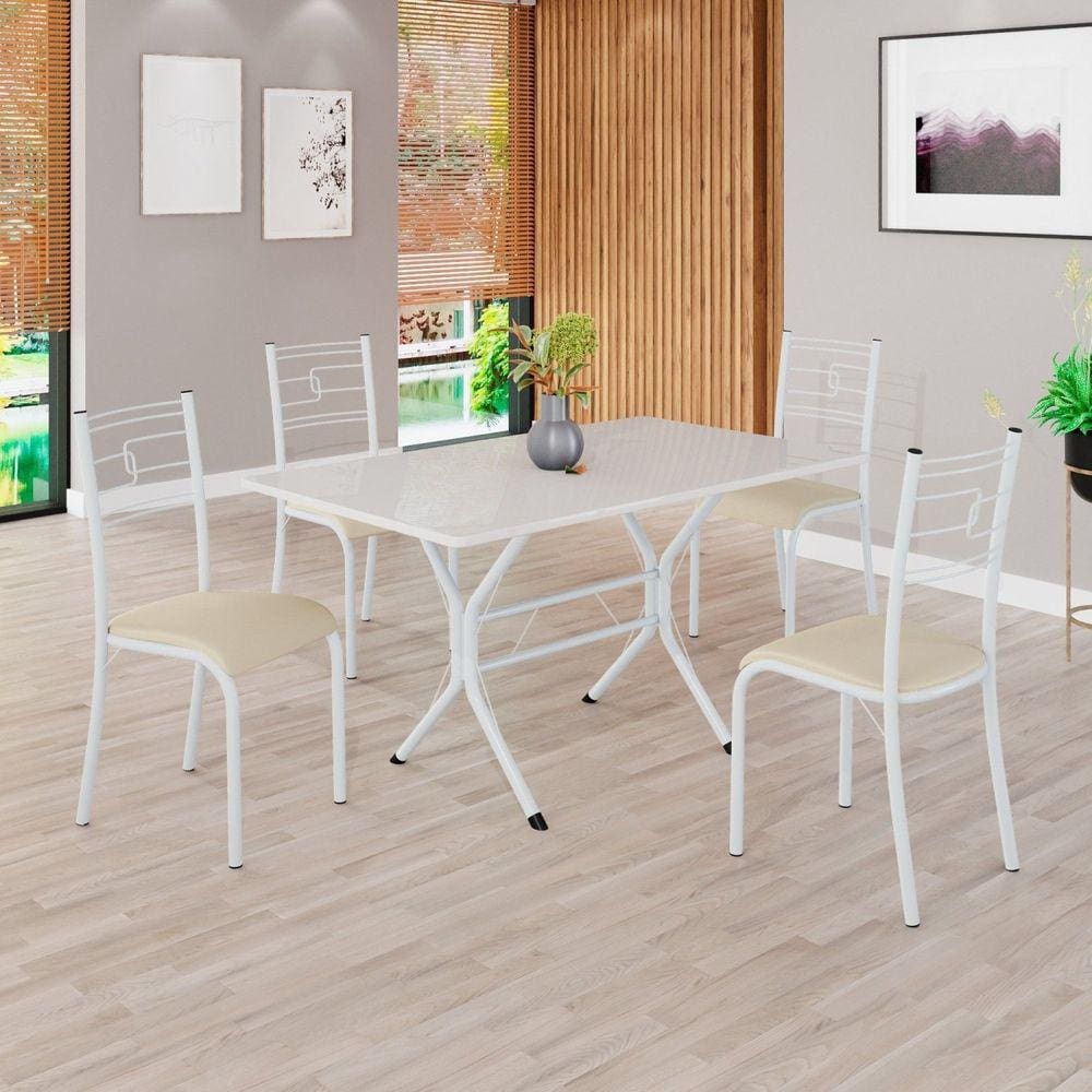 Conjunto Sala de Jantar Mesa Retangular 120x75cm Tampo Madeira Mdp Off White 4 Cadeiras Paraty Creme / Branco