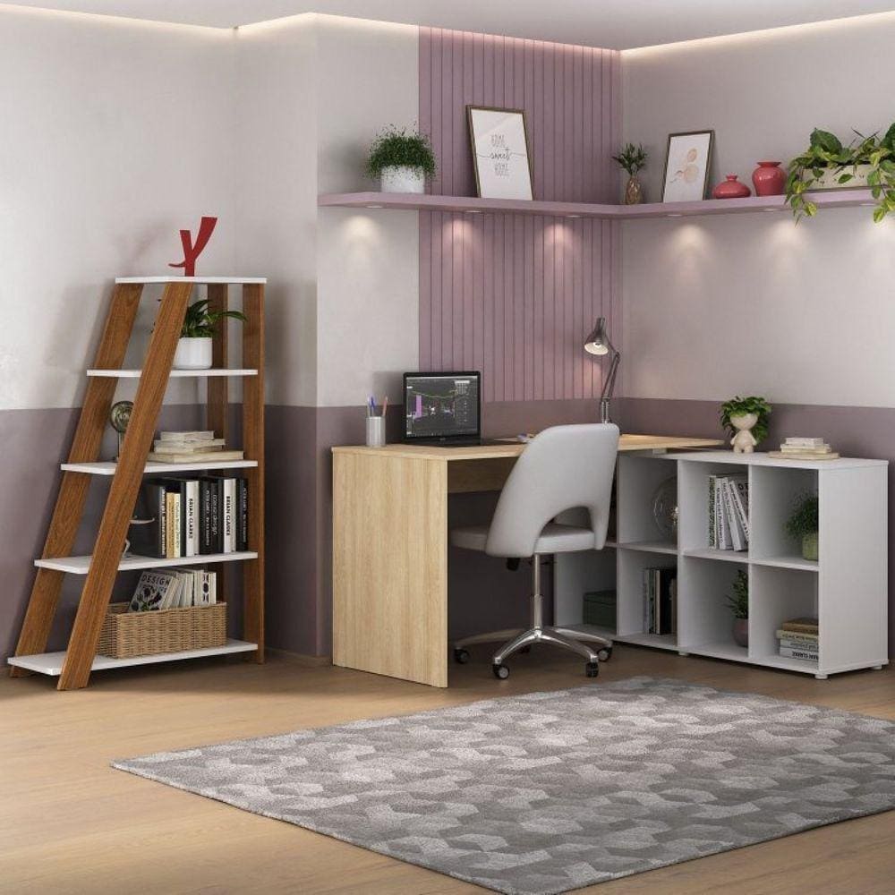 Conjunto Home Office com Escrivaninha em L com 8 Nichos e Estante Escada Organizadora Branco com carvalho e freijó