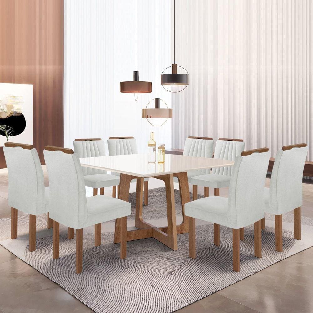 Conjunto Mesa Arizona 135cm com 8 Cadeiras Arizona Tampo Slim Plus com Vidro Chocolate/Off White/Boucle Gelo