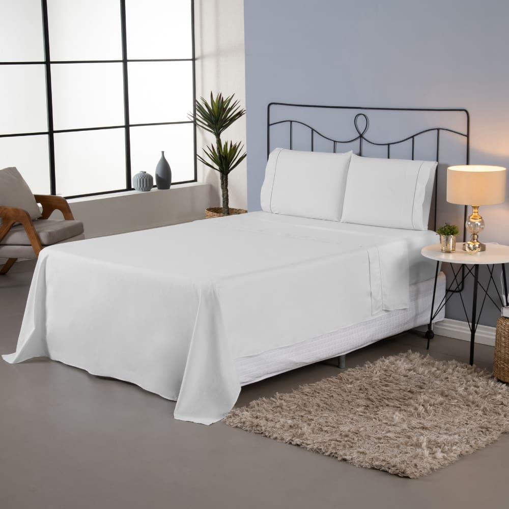 Jogo de Lençol Completo Roupa de Cama Casal Queen Size Percal 140 Fios Liso Ponto Palito Algodão 4 Peças