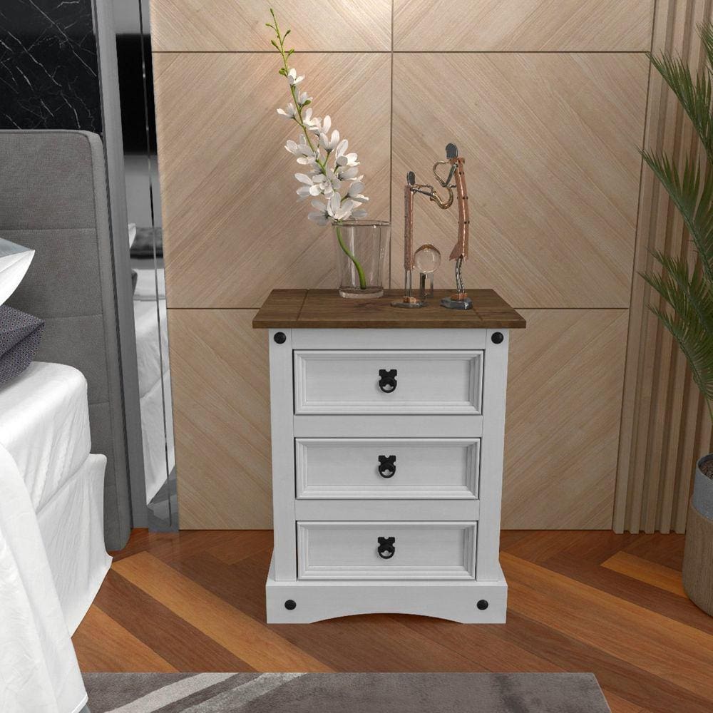 Mesa de Cabeceira Madeira Maciça 03 Gavetas Branco/Roble