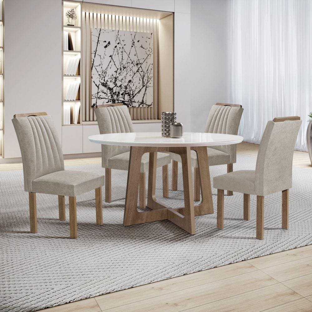 Conjunto Mesa Arizona 120cm com 4 Cadeiras Arizona Tampo Redondo Plus com Vidro Chocolate/Off White/Bege Escuro