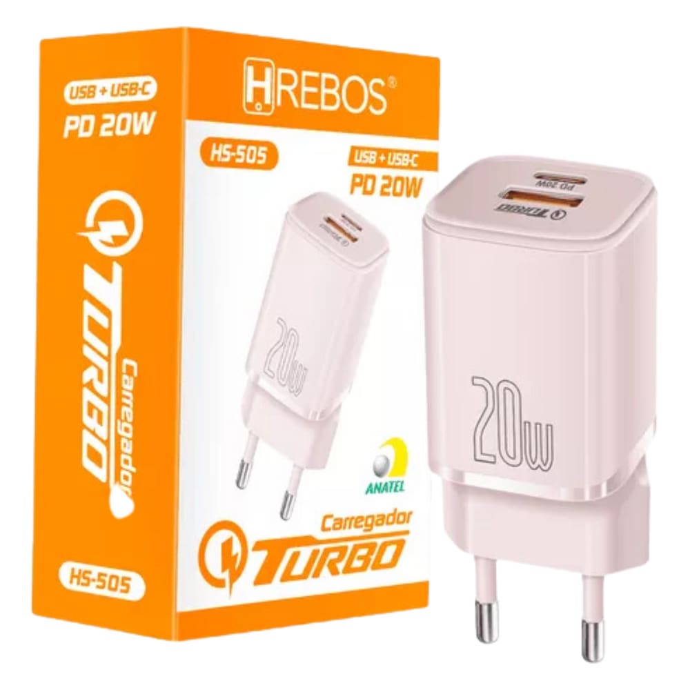 Fonte Carregador Duplo 20w Hrebos Turbo Usb-c + Usb